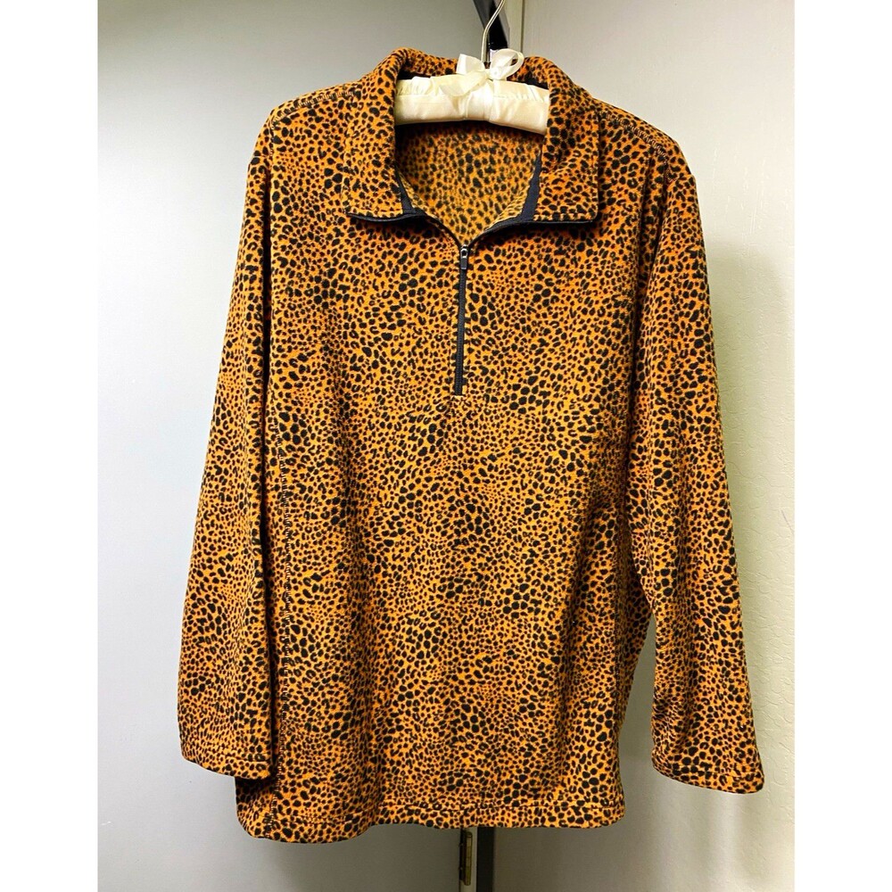 Lands' End Womens 2X Leopard Animal Print Fleece 1/4 Zip Pullover Sweatshirt